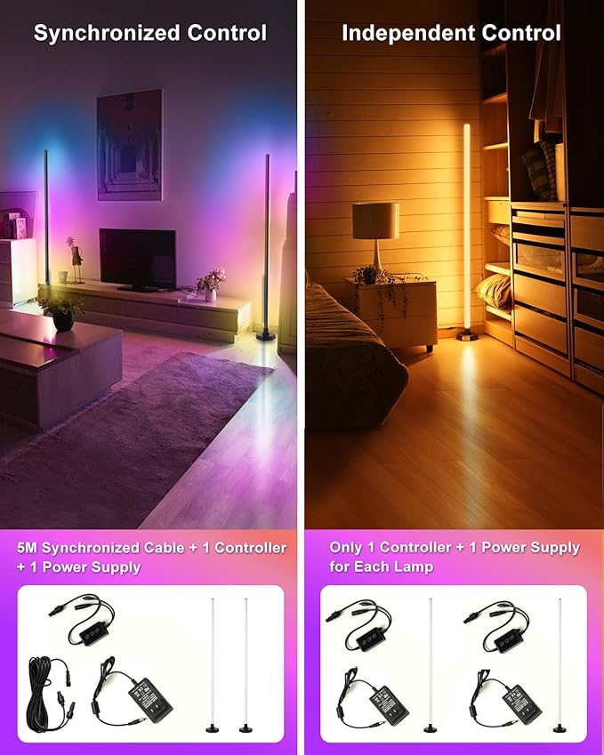 LED Floor Lamp, Corner Lamp Compatible with Alexa, Set of 2 Corner Floor Lamp with Music Sync, Controlled Synchronously or Individually