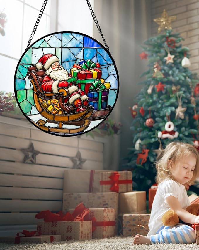 Stained Glass Window Hanging - Santa Claus Gift BoxSuncatcher for Doors Home Christmas Decoration Winter Sun Catcher Thanksgiving New Year Birthday Gift for Women Men Mom Nana 11.8 in