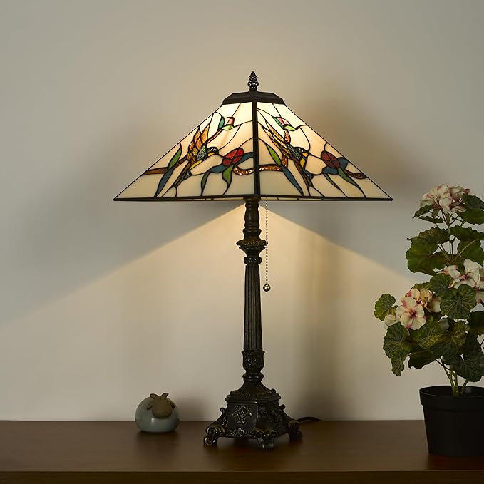 Tiffany Table Lamps White Stained Glass Hummingbird Style Mission Desk Lamp 12X12X24 Inch Bronze Resin Base