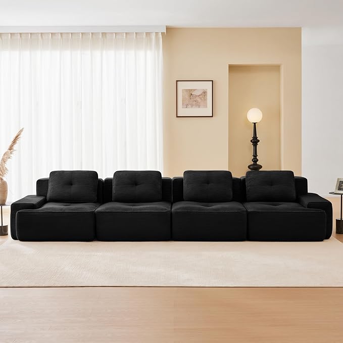 150" Modern Corduroy Cloud Sofa, Boneless Modular Large Sectional Couches for Living Room, Black 4 Seater Compressed Memory Foam Couch, Extra Deep Seat, No Assembly