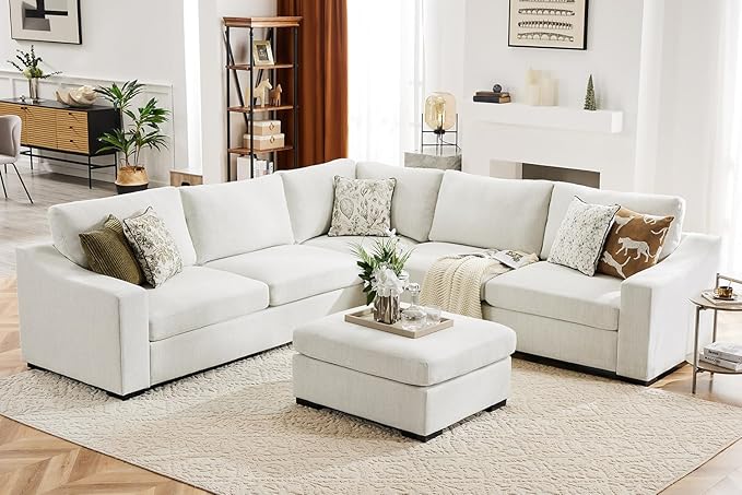 ABCASA 112" Modular Sectional Sofa, Large 7 Seater L Shaped Couch with Detachable Sofa Cover, Movable Ottoman, Deep Seat Corner Couch for Living Room, Apartment - Linen Fabric, Ivory