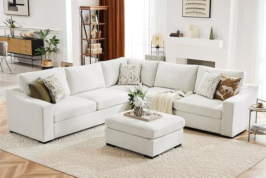 ABCASA 112" Modular Sectional Sofa, Large 7 Seater L Shaped Couch with Detachable Sofa Cover, Movable Ottoman, Deep Seat Corner Couch for Living Room, Apartment - Linen Fabric, Ivory