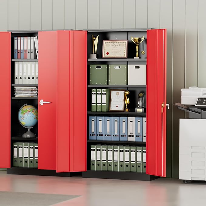 INTERGREAT Metal Storage Cabinet,72" Steel Lockable File Cabinet with Locking Doors and Adjustable Shelves,Locking Tool Cabinets for Office,Home,Garage,Gym,School (Black Red)