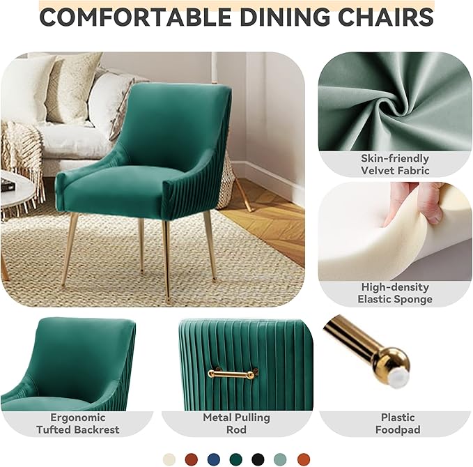 Dining Chairs, Accent Chairs Set of 2, Modern Upholstered Kitchen Dining Room Chairs with Gold Legs, Fabric Tufted Velvet Living Room Chairs for Reception Room Bedroom Guest Room (Deep Green)