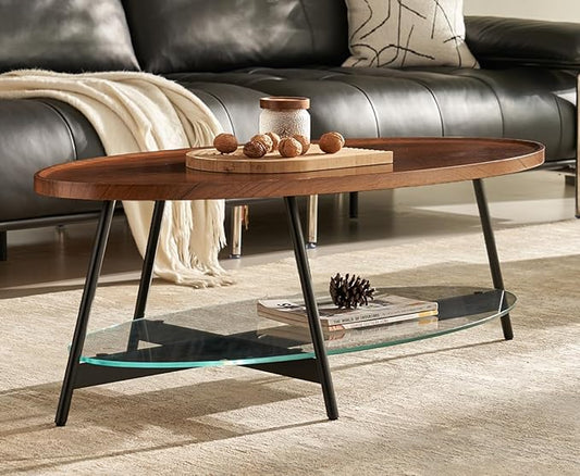 Shrine Glass Coffee Table, Black Walnut Table for Living Room, Glass and Wood Table, 43.3" D x 21.6" W x 15.7" H, Clear Glass Base, Walnut Wood Top&Black Metal Frame