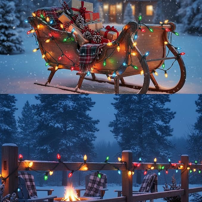 25FT C7 LED Christmas Lights Outdoor, Multicolor Vintage Style String Lights, Connectable Retro Christmas Decor for Porch, Trees, Yard, or Vehicle – UL Listed & Energy Efficient