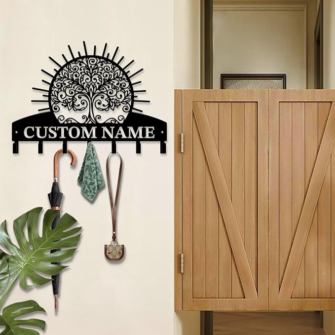 Life Tree Key Hook - Customized Metal Wall Organizer with Name Engraving, Black Iron Home Decor for Themed Collectors (Style D)