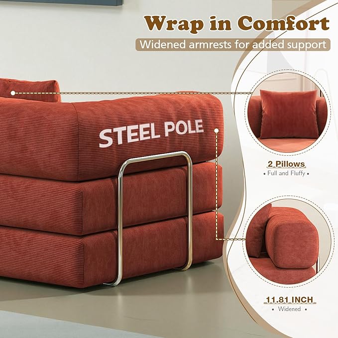 Antetek Convertible Futon Sofa Bed, 3-Seater Modern Corduroy Foam Floor King Size Bed Fold Out Sleeper Lounge Loveseat Sofa Couch with 2 Throw Pillows for Living Room Bedroom Guest Room, Tangerine