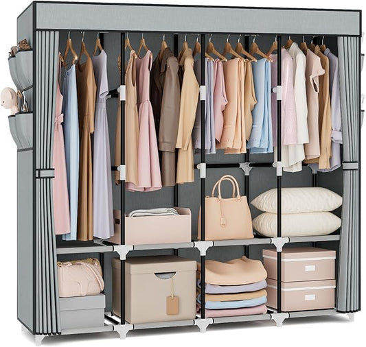 VTRIN Portable Closet for Hanging Clothes 67 Inch Wide Large Capacity Portable Wardrobe Closet with Cover, 4 Storage Shelves and 4 Hanging Rod Sturdy Free Standing Closet for Bedroom, Grey