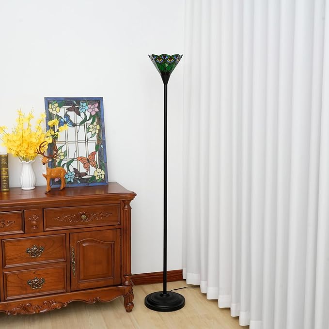 Tiffany Torchiere Floor Lamp Green Peacock Tail Style Stained Glass Floor Light Antique Tall Standing Lamp Handcrafted Pole Reading Uplight Lamp for Home Office Living Room