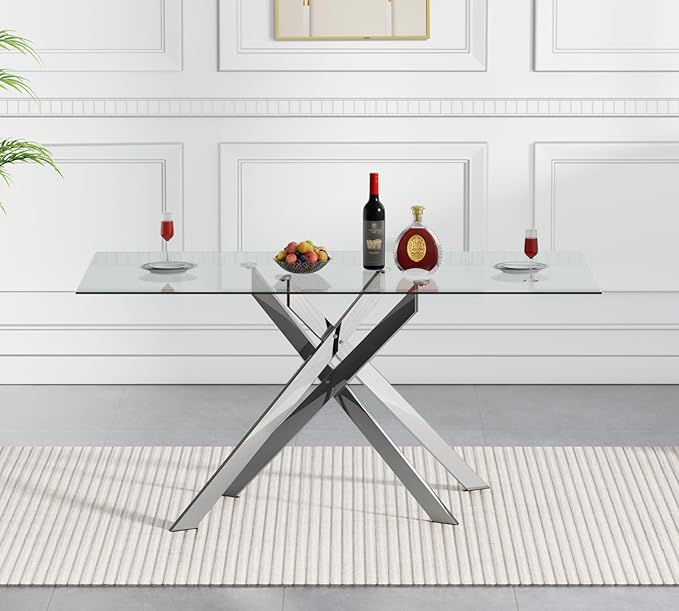 51.18" Glass Dining Table for 4-6, Dining Room Table with Clear Tempered Glass and Silver Metal Legs, Modern Rectangular Kitchen and Dining Room Dinner Table for Kitchen
