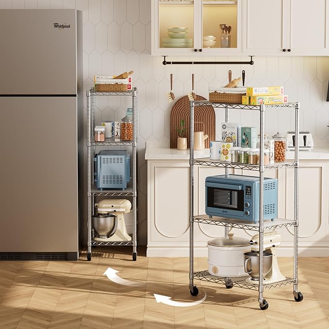 4 Tier Shelves Storage Shelf Wire Closet Bathroom Organizers Metal Pantry Kitchen Garage Shelving Unit Laundry Room Organization Home Rack Net Basket White with Wheels 14”D X 24”W X 48.9”H