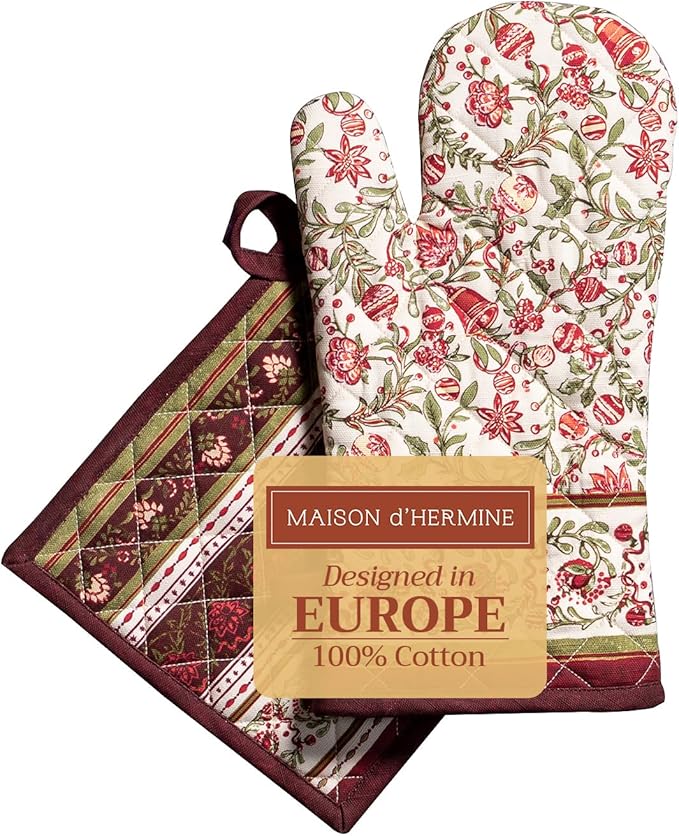 Maison d' Hermine 100% Cotton Oven Mitt & Pot Holder Set (7.5"x13" & 8"x8") Heat Resistant BBQ Cooking Gloves with Loop for Thanksgiving Christmas Decorations Handling Hot Pans (Reveillon Au Jardin)