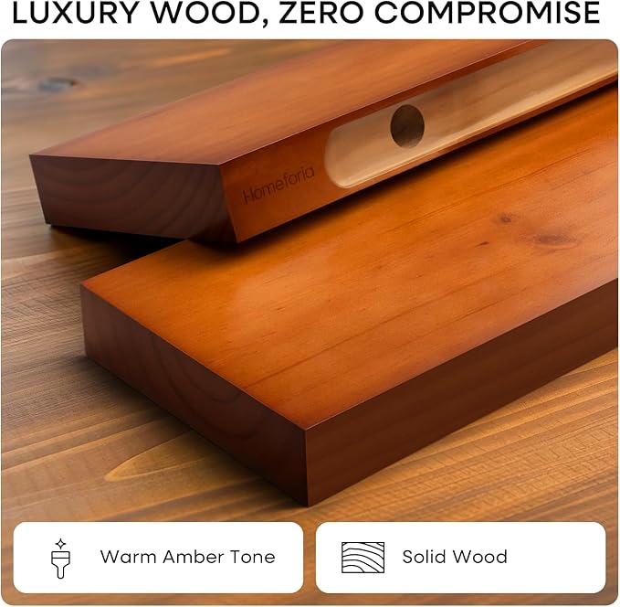 Homeforia 12 inch Oak Floating Shelf, High End Solid Real Wood 12inch Small Floating Shelves for Wall Mounted, Honey Oak Wooden 12in Floating Shelves, Heavy Duty Bracket, 12 X 6.5 X 1.75 in, Set of 2