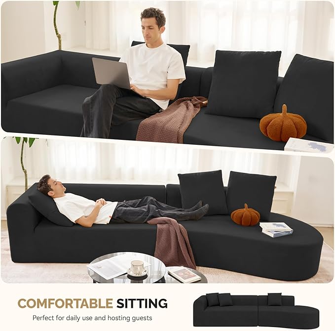 128" Oversized Modern Curved Sofa,Boneless Cloud Sectional Couch with Deep Seat,No Assembly Required Chenille Couches for Living Room,Black,1 PCS