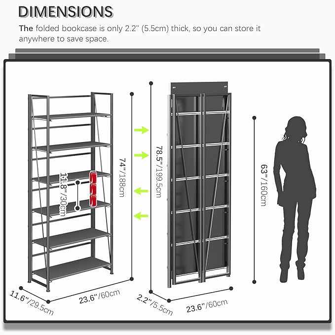 4NM No Assembly Folding Bookshelf, 6-Shelf 74" H Collapsible Foldable Bookcase Storage for Small Spaces, All Black