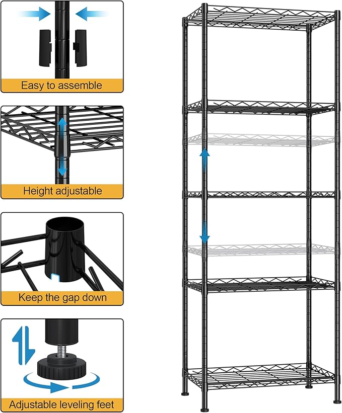 HOMEFORT 5-Shelving Unit, Adjustable Wire Shelving, Metal Wire Shelf Rack Organizer for Kitchen, Pantry, Closet, Bathroom, Laundry, Black,21" W x 11" D x 53" H