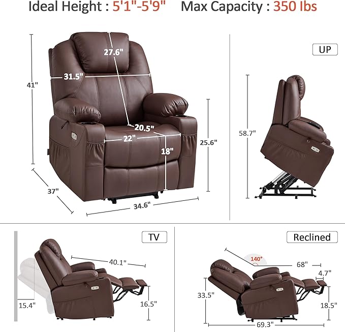 MCombo Electric Power Lift Recliner Chair Sofa with Massage and Heat for Elderly, 3 Positions, 2 Side Pockets, and Cup Holders, USB Ports, Faux Leather 7040 (Light Brown, Medium)