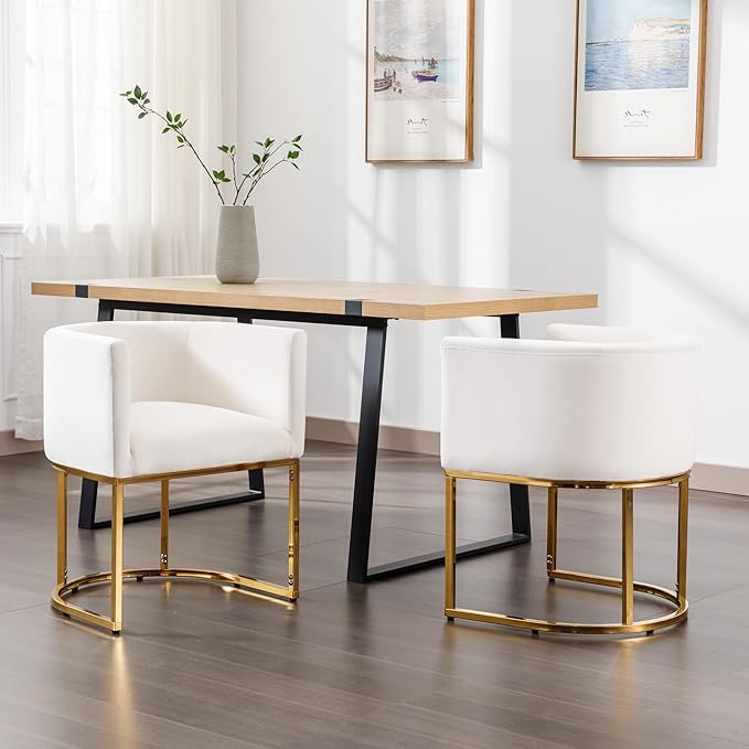 Bestan Velvet Dining Chair Set of 2 Modern Barrel Arm Chairs with Golden Frame, Upholstered Kitchen Accent Chairs 18.5" Wide for Living Room Dining Room Restaurant, Beige
