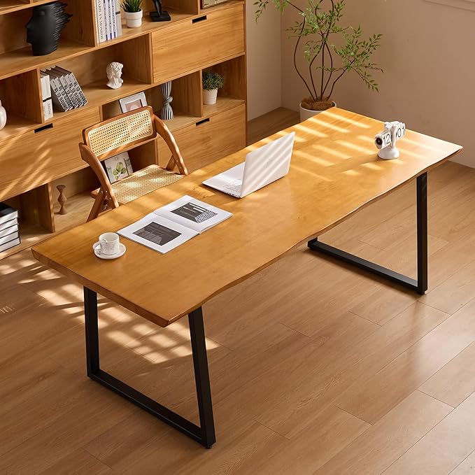 Solid Wood Administrative Computer Desk - Rustic Style Large Office Desk, Modern Minimalist Workstation for Home, Ideal for Learning, Writing, and Professional Use (Dark Yellow, 78.74in)