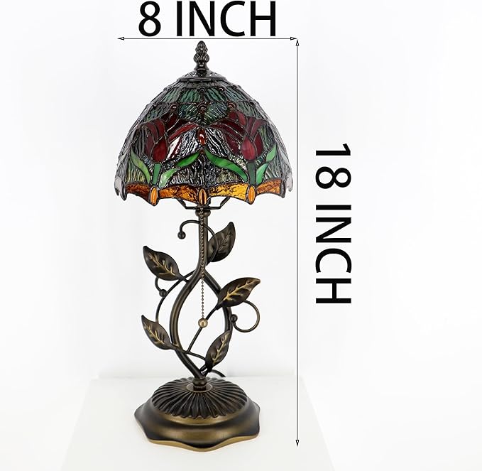 Small Tiffany Lamp Red Tulip Style Stained Glass Table Lamps Desk Bedside Reading Light 8X8X18 Inches with Bronze Metal Leaf Resin Base
