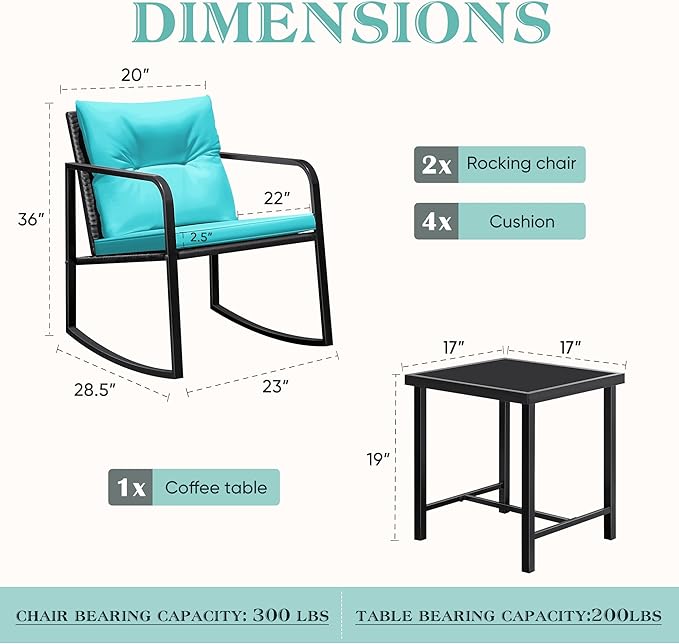 Greesum 3 Pieces Rocking Wicker Bistro Set, Patio Outdoor Furniture Conversation Sets with Porch Chairs and Glass Coffee Table, Blue