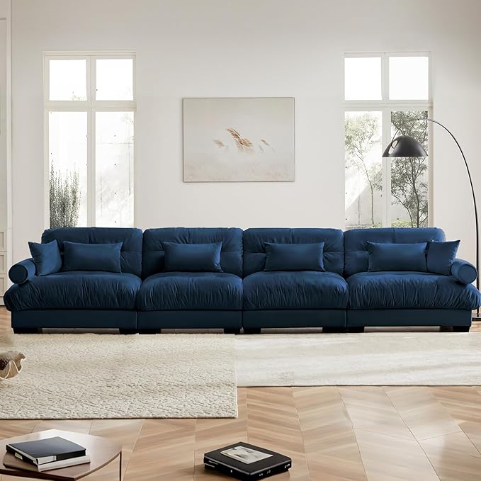 166" Oversized 4 Seater Modular Sectional Sofa, Blue Large Sectional Couch for Living Room, Velvet Cloud Couch with 6 Pillows, Deep Seat Sofa