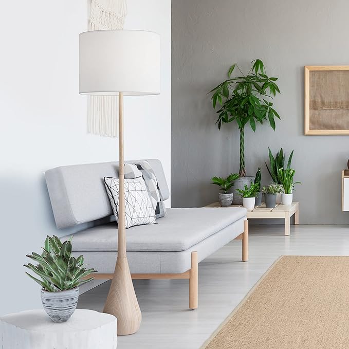 GLOBE Electric 65" Floor Lamp, Wood-Toned Finish, White Cotton Shade, Japandi Style, E26 Base, On/Off Rotary Switch, 5-Ft Cord, 52112