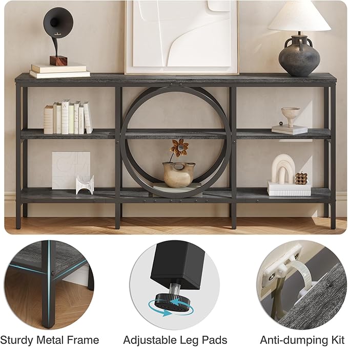Long Console Table, 66.9 inch Wood Narrow Sofa Tables 3 Tier Couch Table Behind Sofa Industrial Grey Hallway Table Long Entryway Tables for Living Room, Foyer (Grey Oak+Black)
