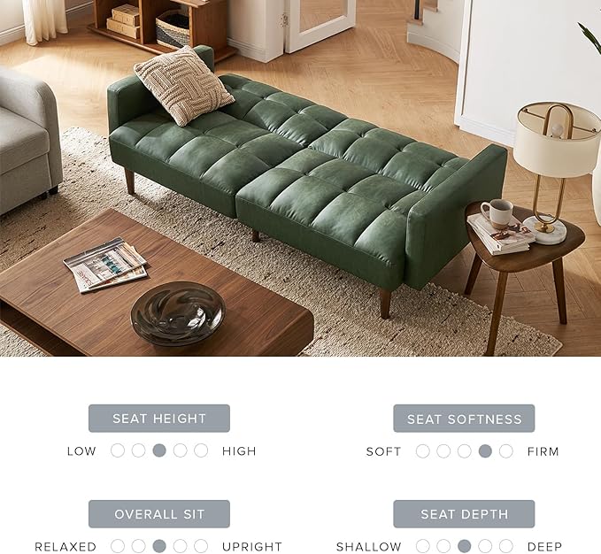 mopio 76.4" Futon Sofa Bed, Couch, Loveseat, Sleeper Sofa, Mid Century Modern Futon Couch, Sofa Cama, Couches for Living Room (Aaron PU, Sage Green)