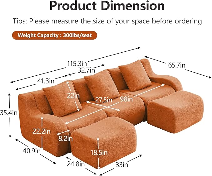 Orange U-Shaped Cloud Couch with 2 Ottomans, Modern Teddy Fabric Boneless Sectional Sofa in a Box for Living Room, Modular Floor Couch, Deep Seat, No Assembly Required, Sofas para Sala
