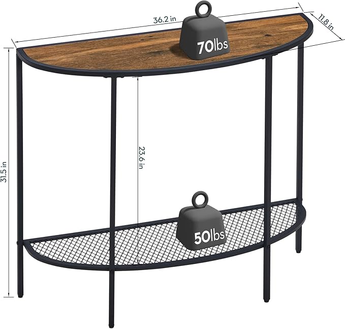SAYGOER Entryway Table 2 Tier Small Console Table with Storage Half Moon Sofa Couch Table Mid Century Modern Narrow Entry Way Tables, 36.22" D x 11.8" W x 31.5" H, Easy Assembly, Dark Walnut