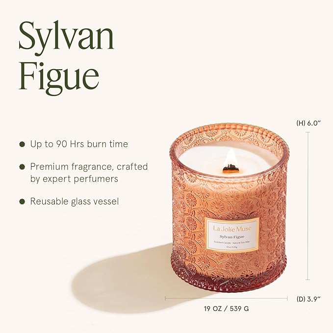 LA JOLIE MUSE Sylvan Figue Candle | Fig Leaf, Red Berries, Sandalwood | 19 oz Large Wooden Wick Candle | Natural Soy Wax | 90 Hours Clean Burn | Gift-Ready for Hosts | Elegant Home Décor