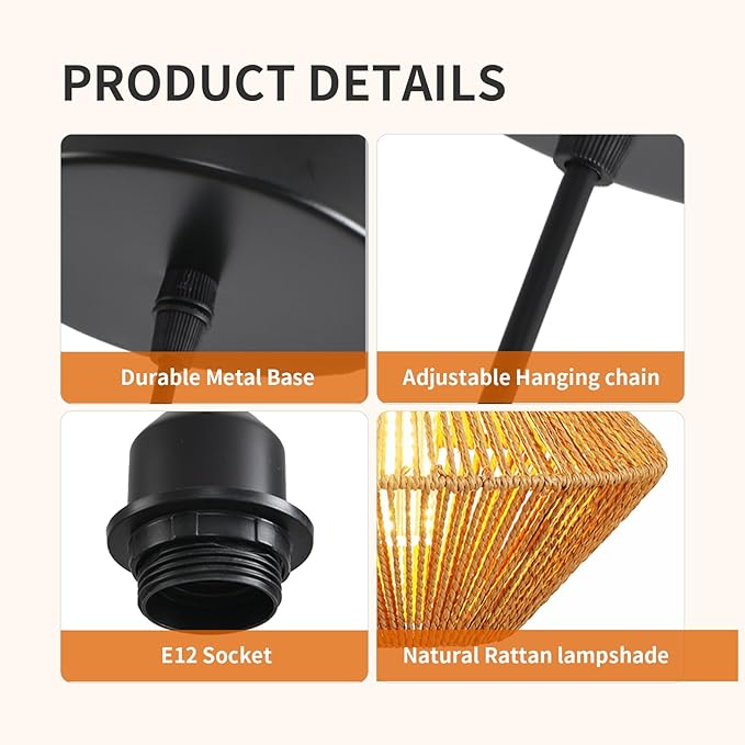 10''Natural Rattan Chandelier Pendant Lights -Small Farmhouse Boho Rattan Hanging lamp with Included E27 Bulb, 120V Wicker Pendant Lamps for Dining Room Kitchen Bedroom Living Room Island