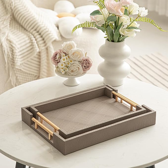 2 Piece Woven Leather Ottoman Tray with Gold Handles, Perfect Rectangular Serving Tray for Living Room, Coffee Table Tray as Thoughtful Gift for Home Decor Enthusiasts (Coffee Brown)