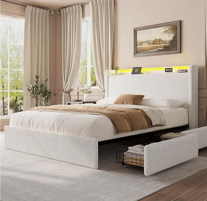 Full LED Bed Frame with 4 Storage Drawers and Storage Headboard, Soft Boucle Upholstered Platform Bed Frame with Charging Station and USB Ports, Solid Wood Slats Support, No Box Spring Needed, White