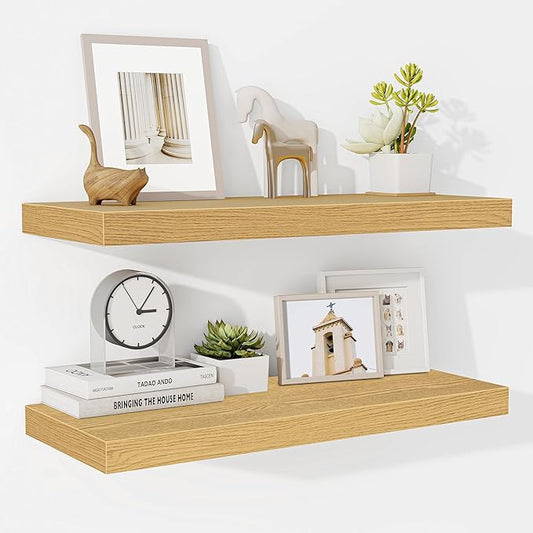 Fun Memories 24 Inch Floating Shelves for Wall, 9.3Inch Deep Floating Shelf, Extra Deeper & Thicker Wall Mounted Storage Shelf for Kitchen, Farmhouse, Oak, 2 Pack