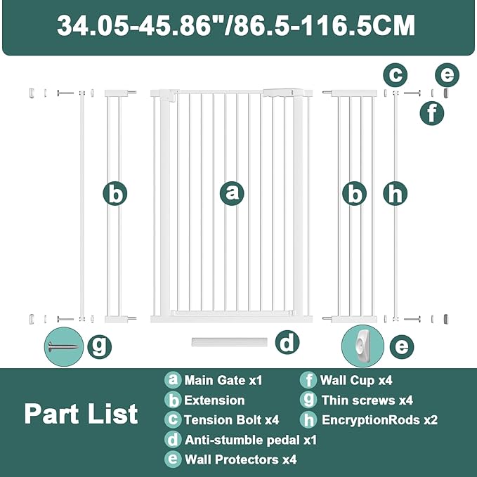 40.55" Tall 1.37" Ultra Narrow Spacing Dogs Pets Baby Gate for Doorway Hallway Safety Proof Indoor 34.05-45.86" Extra Wide Puppy Pressure Mounted No Drill Walk Through White Metal