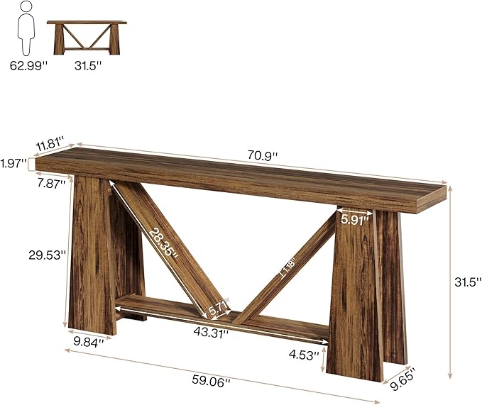 Tribesigns 70.9-Inch Long Console Table, Farmhouse Entryway Table with Storage, Narrow Sofa Console Behind Couch with 4 Stable Bases for Living Room, Entrance, Hallway (Rustic Brown)