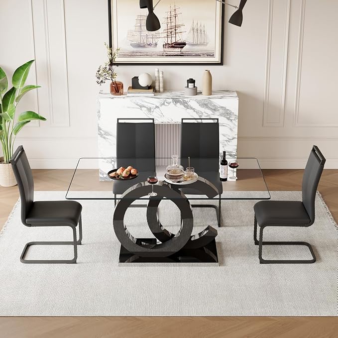 63'' Glass Dining Table Set for 4, Kitchen Table Chairs Set of 4, Clear Glass Dining Table with Black unique design Leg and Silver Metal Base, 4 PU Dining Chairs with Metal Legs, Living Room, Kitchen.