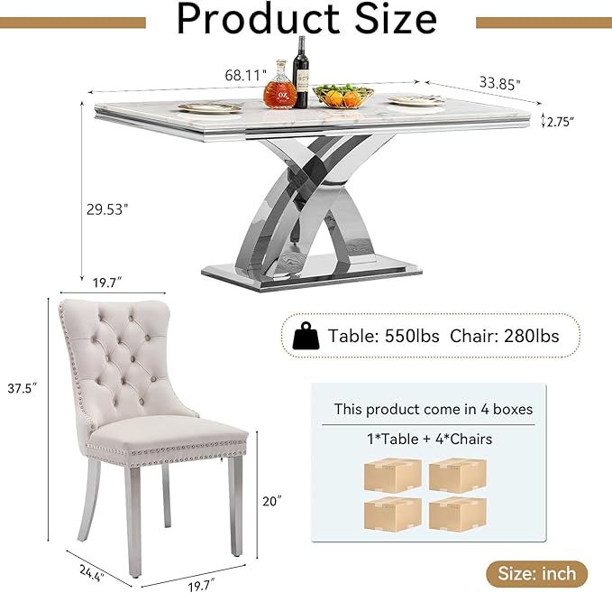 Modern White Marble Dining Table Set for 4,5-Piece Kitchen Table and Chairs for 4,Luxury Silver Dining Room Table Set w/68" Rectangle Dinner Table & 4 Beige Velvet Chairs for Kitchen Dining Room