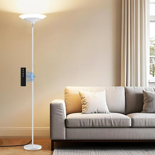 White Torchiere Floor Lamp - 30W Dimmable LED Standing Lamp with Remote/Button Control, 1800Lm, 3000-6500K, 72in Bright Standing Pole Light for Living Room Bedroom Office Corner