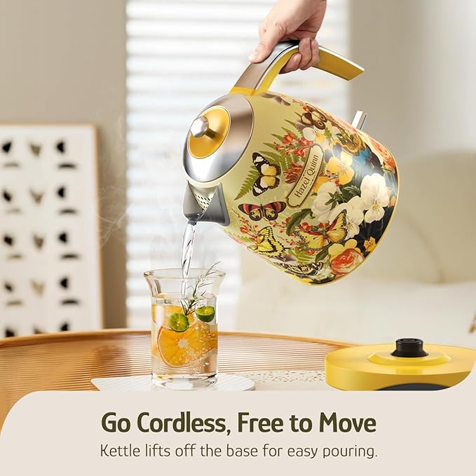 Hazel Quinn X Eduardo Recife Collaboration Electric Kettle - 1.7 Liters (57oz) Stainless Steel Water Kettle, BPA-Free Interior, 1200W Fast Boiling, Cordless, Automatic Shut Off - Floral Printed