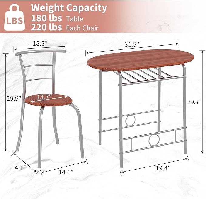 VECELO 3-Piece Dining Table Set for Kitchen Breakfast Nook, Wood Grain Oval Tabletop and Metal Frame with Built-in Wine Rack, for Small Spaces, Brown & Silver