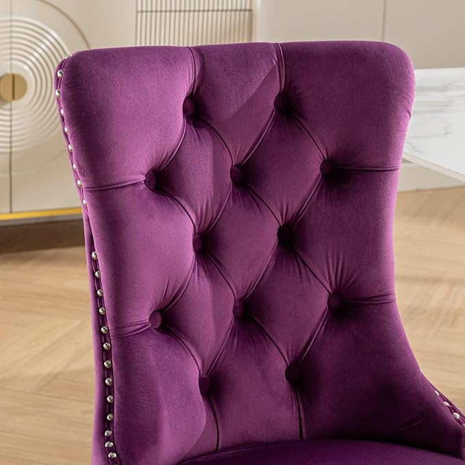 Goujxcy 7 Piece Glass Dining Table Set Modern Glass Dining Table Set for 6, 61" Rectangular Silver Kitchen Table and 6 Velvet Upholstered Chairs, Silver Table & Purple Chair