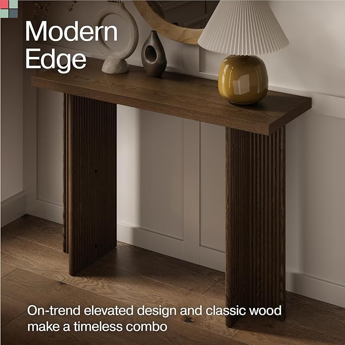 Fluted Console Table - Slim Entryway Table for Narrow Hallways - Natural Wood Console with Curved Cross Base & Mid-Century Modern Style - Walnut