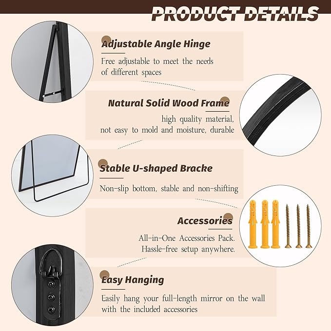 Full Length Mirror 76"×41" Floor Mirror Standing Tall Mirror, Arched Stand up Large Wall Mirrors, Freestanding Full Body Mirrors for Bedroom Living Room Wood Antique Style Black