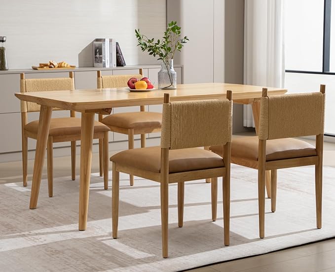 CIMOTA Faux Leather Modern Dining Chairs Set of 6, Mid Century Upholstered Dining Room Chairs with Woven Back, Armless Kitchen Chairs with Natural Solid Wood Legs, PU Brown