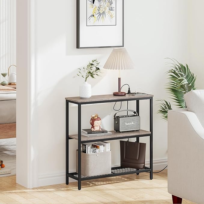 Snughome Console Table with Power Outlets, Entryway Table with Storage, Narrow Sofa Table with 3 Tier Shelves, 2 USB Ports, 2 Power Outlets, Hallway Table for Couch, Living Room, Entrance, Grey