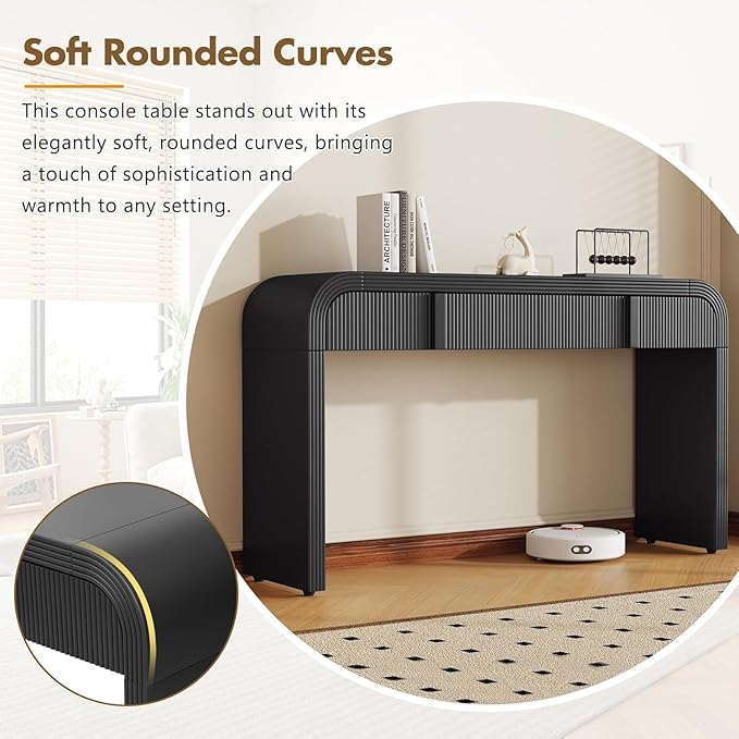 55'' Fluted Console Table with Drawers, Wood Modern Curved Entryway Table with Storage and Rounded Silhouette for EntryWay, Hallway, Foyer (Black)